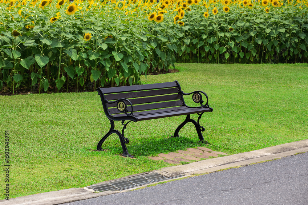 A seat on a green lawn with a sunflower garden as a background. A seat on a green lawn with a sunflower garden as a background.