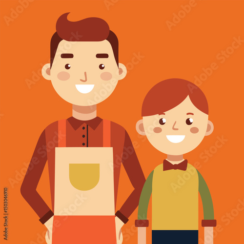 Father and son wearing matching Thanksgiving aprons vector illustration