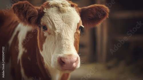 A solitary dairy cow with textured fur, bathed in gentle light, embodying rustic serenity.