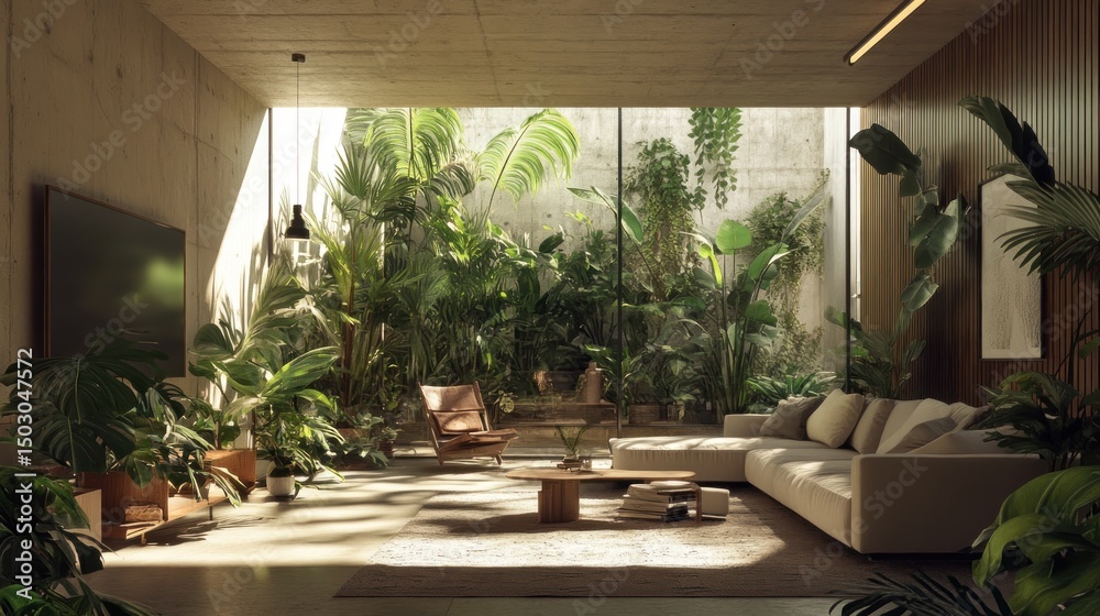 Fototapeta premium Modern, sun-drenched living space filled with lush greenery