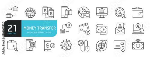 Set of line icons related to money transfer, payment, banking. Editable stroke. Outline icons collection. Vector illustration stock illustration