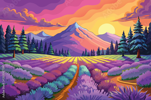 Lavender Field at Sunset with Mountains and Trees Illustration