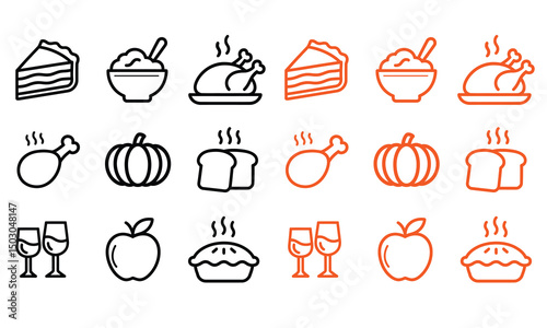 Thanksgiving Food Icon Set in Black and Orange Line Art Style Featuring Pie, Turkey, Pumpkin, and More
