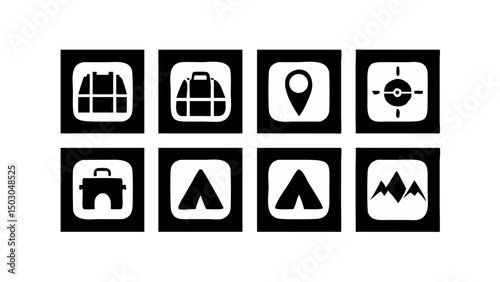 Camping trip icons set backpack tent location mountains