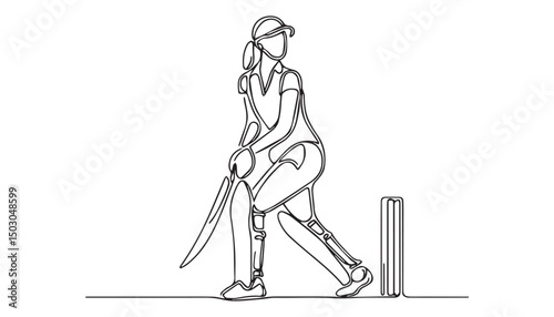 Continuous one single minimal line drawing woman cricket player