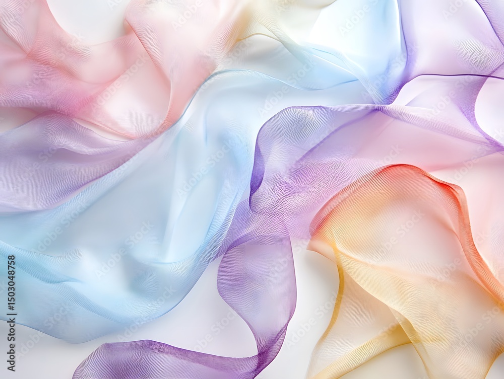 Obraz premium A delicate and flowing fabric with a spectrum of pastel colors gently waving. A captivating piece with a sense of movement and ethereal beauty