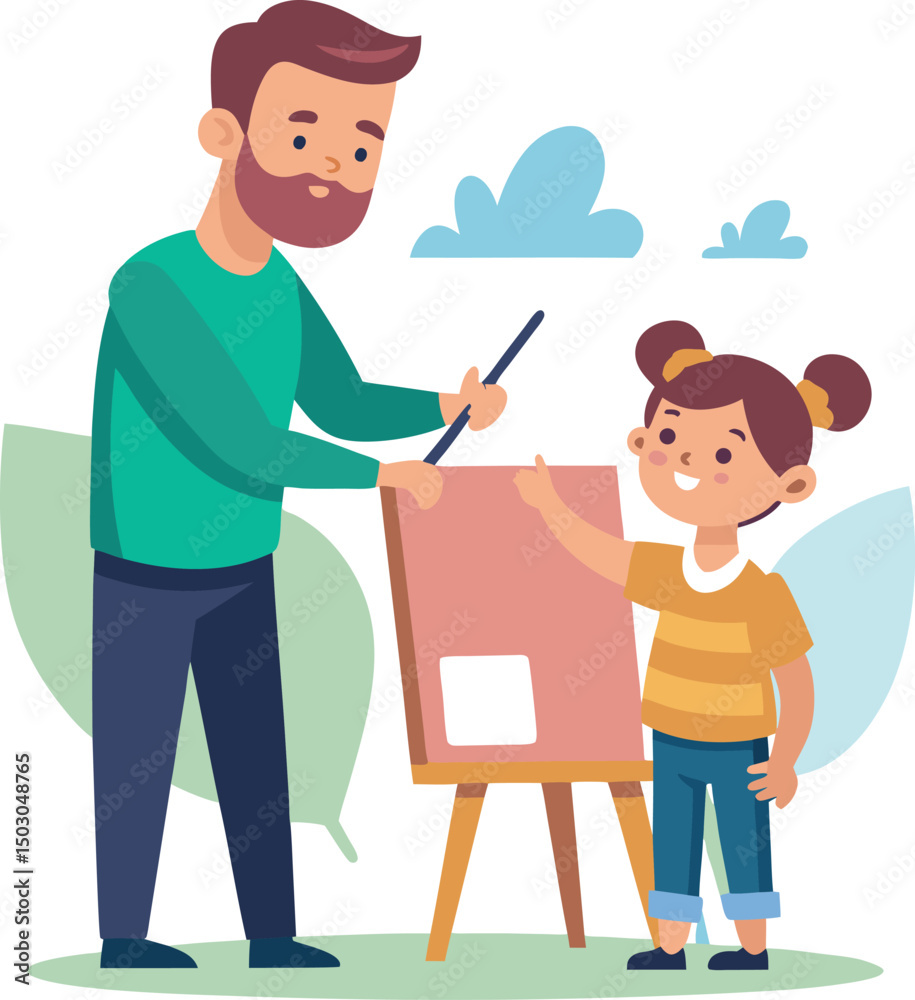 Fototapeta premium Father painting a canvas with his daughter vector illustration