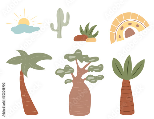 A vibrant collection of illustrations of African plants, perfect for decorating a child's room with an educational theme about nature and wildlife.