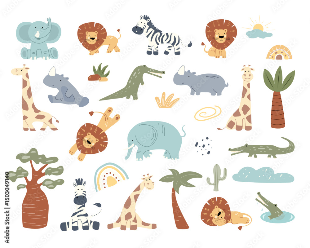 Naklejka premium Kids clip art set with adorable African animals perfect for nursery decor. Includes lions, elephants, zebras, and more, ideal for an engaging safari theme.