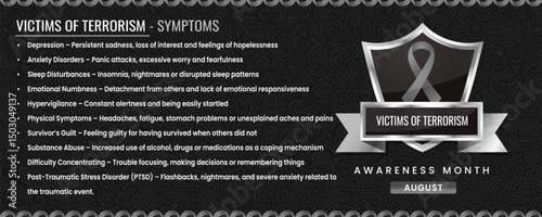 Original Victims of Terrorism ribbon with Symptoms, Shield Design with Pattern Based Background.