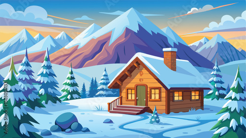 Winter Cabin in the Mountains at Sunset Vector Illustration