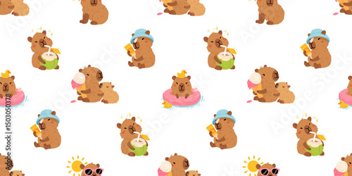 Seamless pattern with cute summer capybaras in various poses and items. Hand drawn cartoon flat style. Vacation seasonal template for design, kids collection