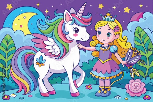 Princess and Rainbow Unicorn in Magical Night Garden