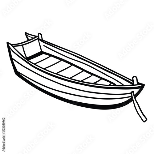 A simple, outline drawing of a small boat with a flat bottom, featuring a distinct bow and stern. The boat has several parallel planks visible inside, indicating where passengers would sit. 