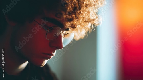 Young man in deep thought, colorful gradient backdrop, soft light. A moment of quiet reflection and introspection.