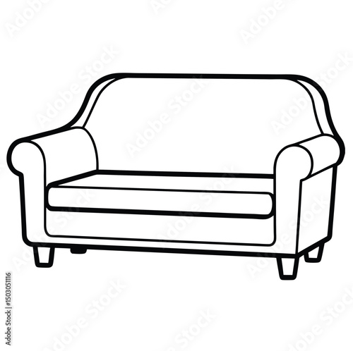 A simple line drawing of a two-seater couch with rounded arms and a cushioned seat. The couch has four short, tapered legs and a classic design, suitable for a cozy living space. 