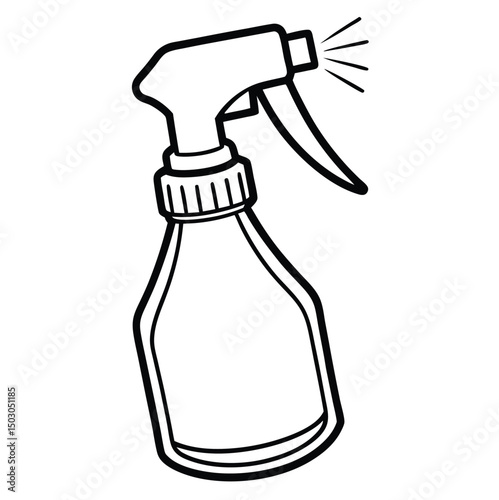 A simple line drawing of a spray bottle, featuring a trigger nozzle at the top and a curved, tapered body. The nozzle is angled, emitting a spray, indicating its intended use for dispensing liquid. 