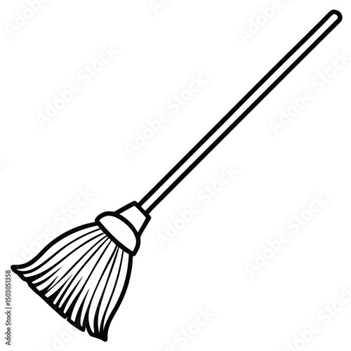 A simple, black and white illustration of a broom featuring a long handle and a bristled head. The broom's bristles are depicted with fine lines, and the handle is straight and elongated