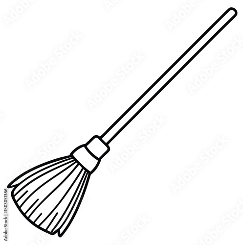 A simple, black and white illustration of a broom featuring a long handle and a bristled head. The broom's bristles are depicted with fine lines, and the handle is straight and elongated