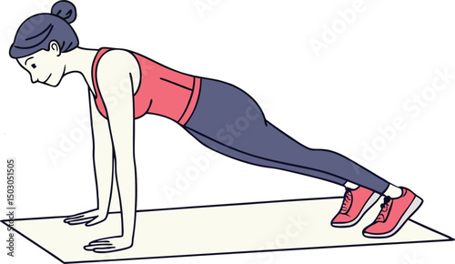 Minimalist Plank Pose Illustration - Woman in Pink Tank Top and Navy Leggings Exercising on Yoga Mat with Simple Line Art Style