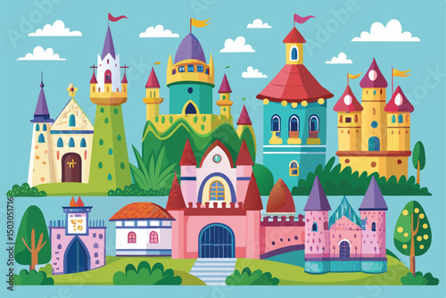 Colorful Cartoon Castles Against a Blue Sky Fantasy Kingdom Landscape