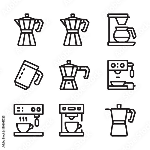 Coffee Maker and Brewing Machine Icons Set. Line Art Collection of Various Coffee Makers
