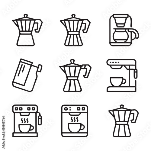 Coffee Maker and Brewing Machine Icons Set. Line Art Collection of Various Coffee Makers
