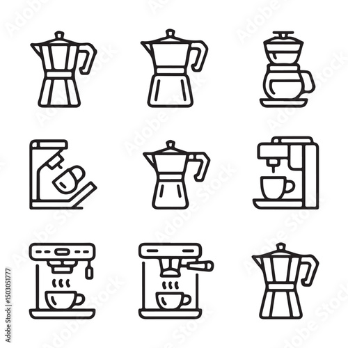 Coffee Maker and Brewing Machine Icons Set. Line Art Collection of Various Coffee Makers
