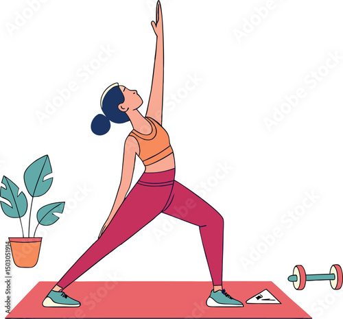 Minimalist Yoga Warrior Pose Illustration - Home Fitness Exercise with Houseplant and Dumbbell in Contemporary Line Art Style