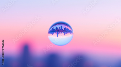 Creative Cityscape Reflections Inside Glass Water Droplets on Gradient Background
