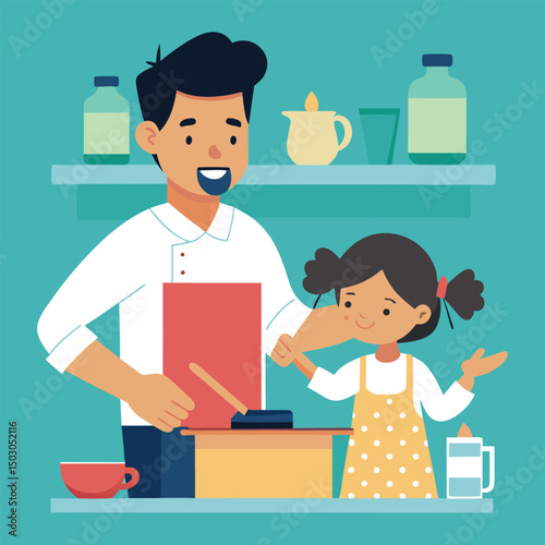 Single father cooking with his daughter vector illustration
