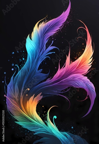 Swirling feathers of blue, purple, and orange dance gracefully against a dark background, creating an enchanting visual experience filled with movement and artistic flair Generative AI