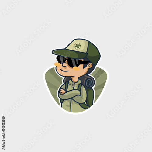 cartoon mascot logo of a man who loves nature, mountain climber, community, with a brave style