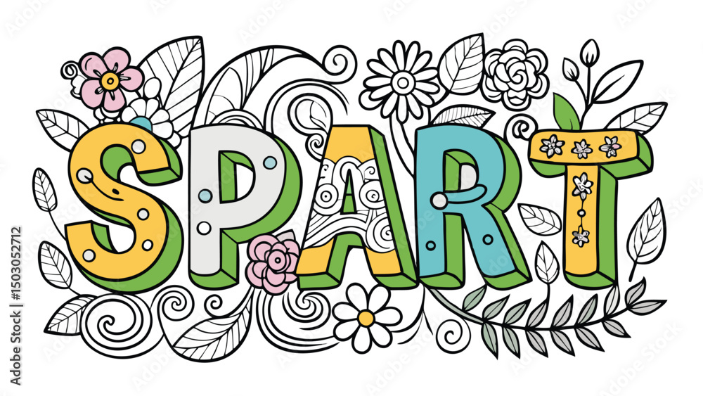 Obraz premium Springtime Floral Art Word Design with Flowers and Leaves