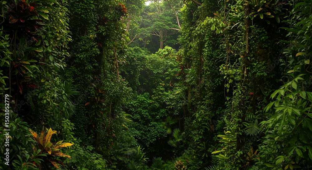 Obraz premium Morning light illuminates a lush green forest with a moss-covered tree trunk along a winding path, showcasing the serene beauty of nature's woods