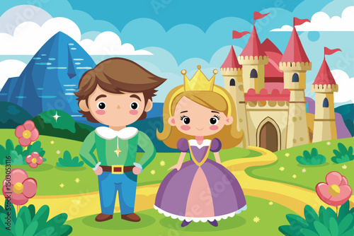 Cartoon Prince and Princess in front of a Castle Landscape