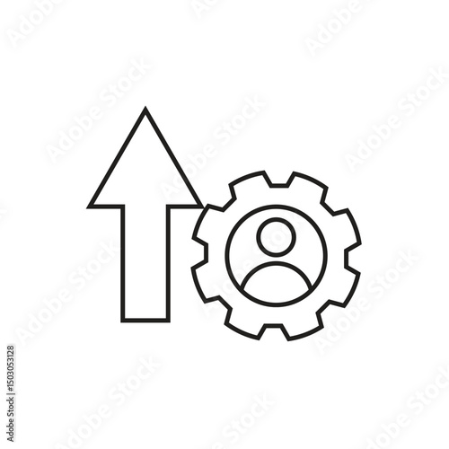 Black outline icon featuring an upward arrow and a gear with a person symbol, representing user growth, settings, account management, or system upgrade in business or technology contexts.