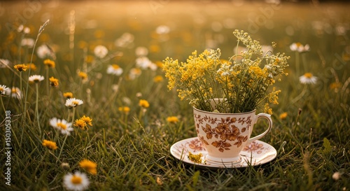 Enchanting floral teacup still life scene in rustic meadow at golden hour
