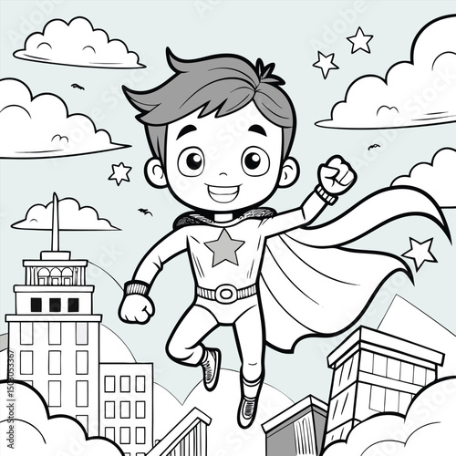 Cartoon Superhero Boy Flying Over City Buildings Coloring Page Illustration