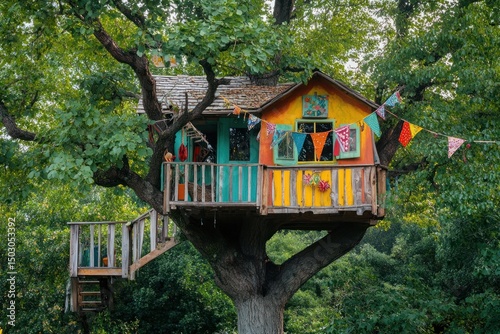 Colorful treehouse nestled in a forest