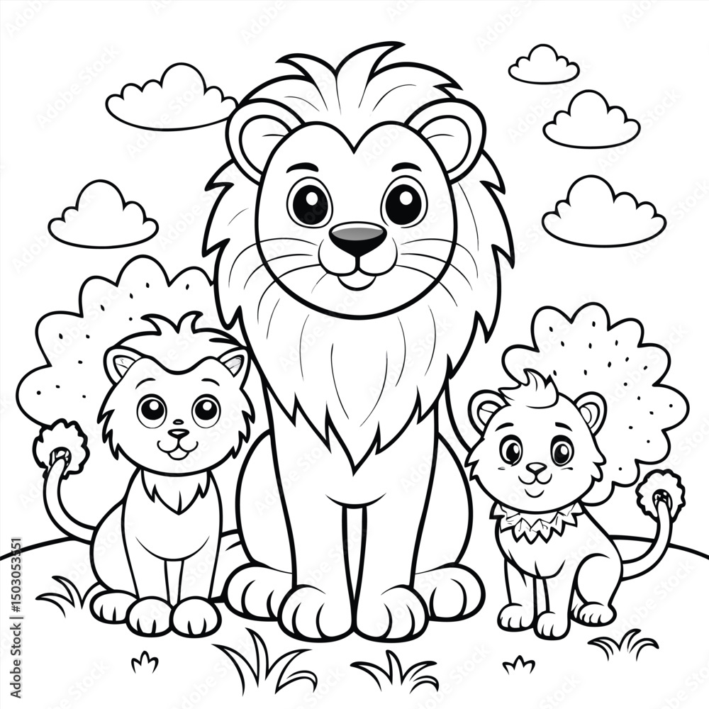 Obraz premium Lion Family Coloring Page with Dad and Cubs in Nature