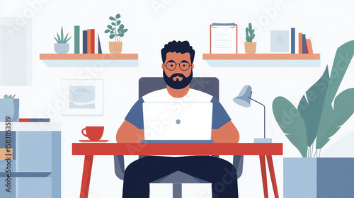 Vector illustration of man working from home in modern office interior

