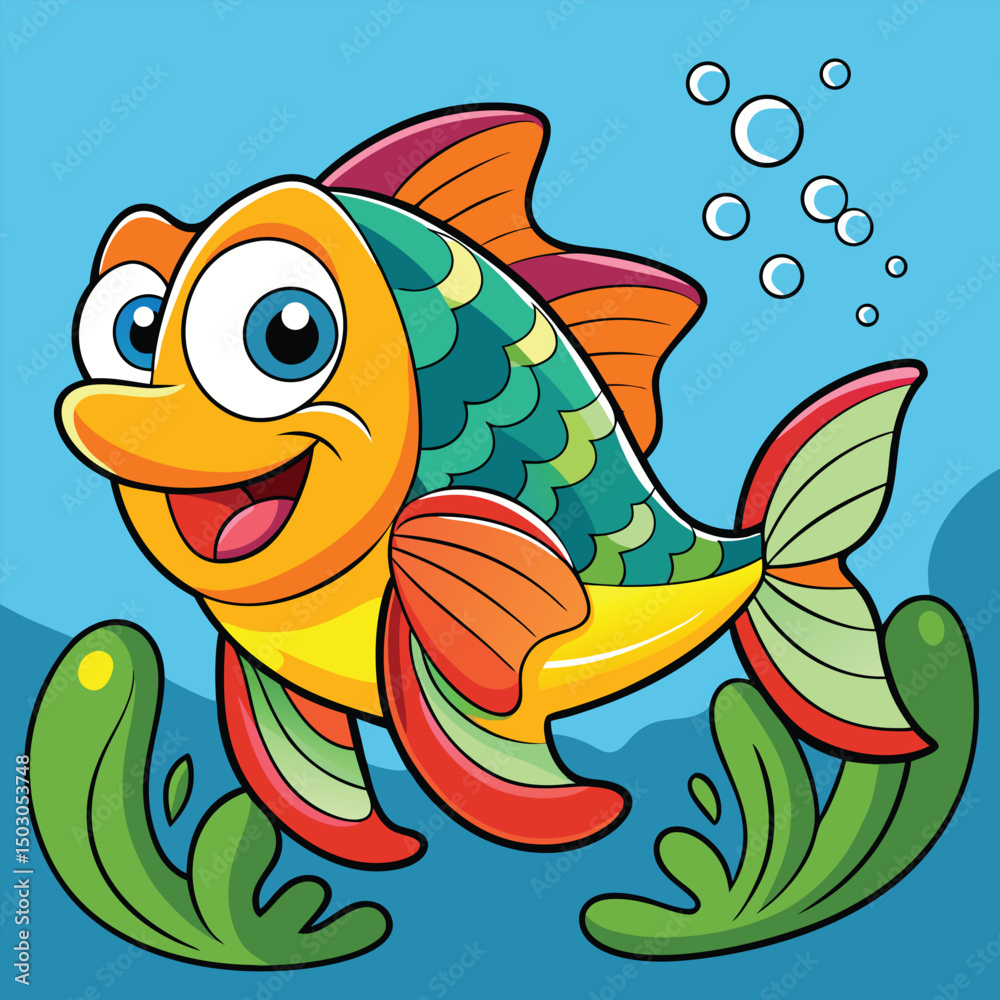 Obraz premium Cartoon Fish Swimming Underwater with Bubbles and Seaweed Illustration