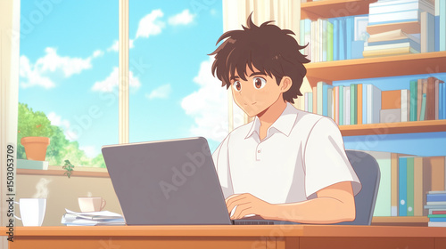 Anime student working on laptop in bright home office
