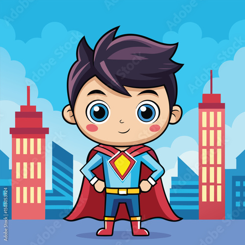 Cartoon Superhero Boy Standing in Front of City Skyline Illustration