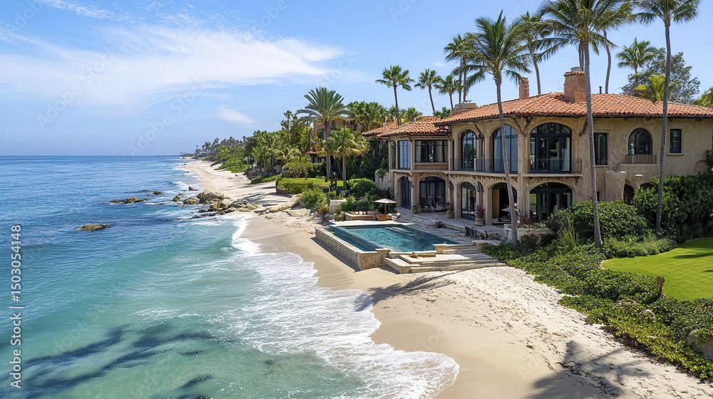 Obraz premium Luxurious beachfront property with palm trees and ocean views, perfect for relaxation