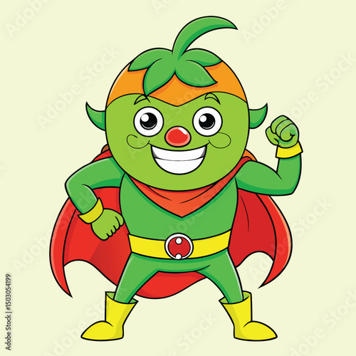 Cartoon Tomato Superhero Character with Cape and Costume Illustration