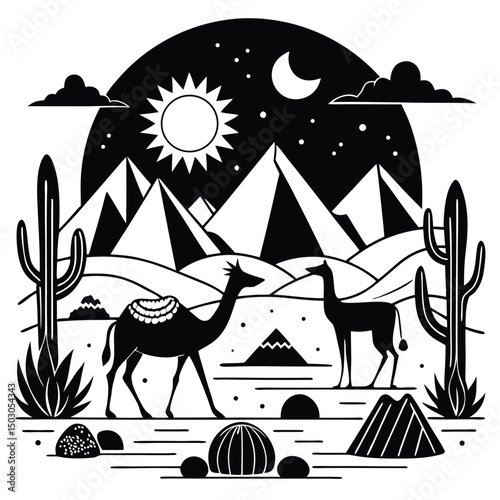 Black and White Desert Landscape with Llamas Cactus Mountains and Sky