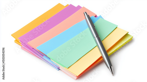 Colorful sticky notes arranged in a row with pen on white background

