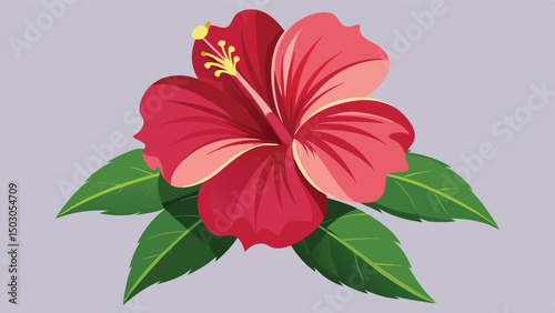 Vibrant Red Hibiscus Flower with Green Leaves on Light Gray Background